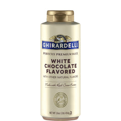 Ghirardelli white chocolate sauce bottle front view for rich coffee enhancements.