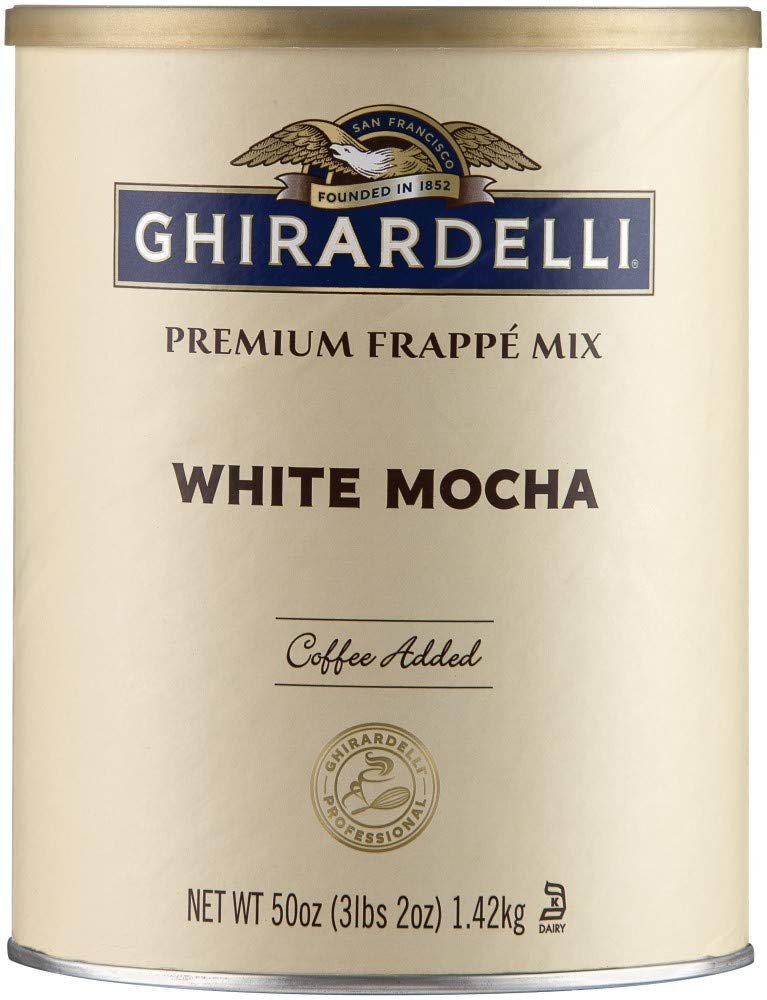 Ghirardelli White Mocha Frappe Mix bottle with rich flavor for at-home indulgence