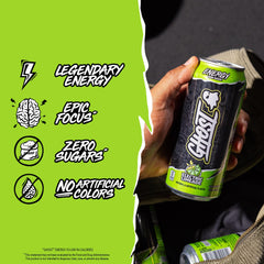 GHOST Energy 12-pack display highlighting vegan and gluten-free claims