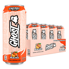 GHOST Energy Peach 16oz can front view with bold flavor and energy boost.