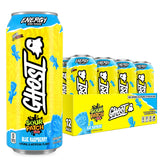Ghost Energy Sour Patch Kids Blue Raspberry 12-pack can closeup highlighting bold flavor and sustained focus potential.
