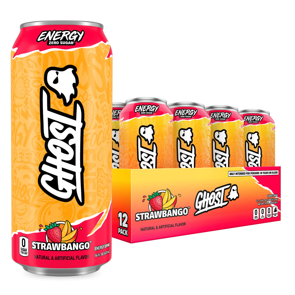 GHOST Energy Strawbango can front view, vegan and gluten-free energy boost.