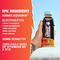 Ready-to-drink GHOST Hydration Strawbango bottle ideal for workouts and on-the-go hydration.