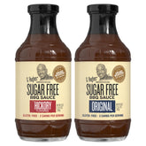 G Hughes Sugar Free Hickory BBQ sauce bottle pouring over grilled meat.
