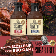 G Hughes Sugar Free Original BBQ sauce bottle on grill.