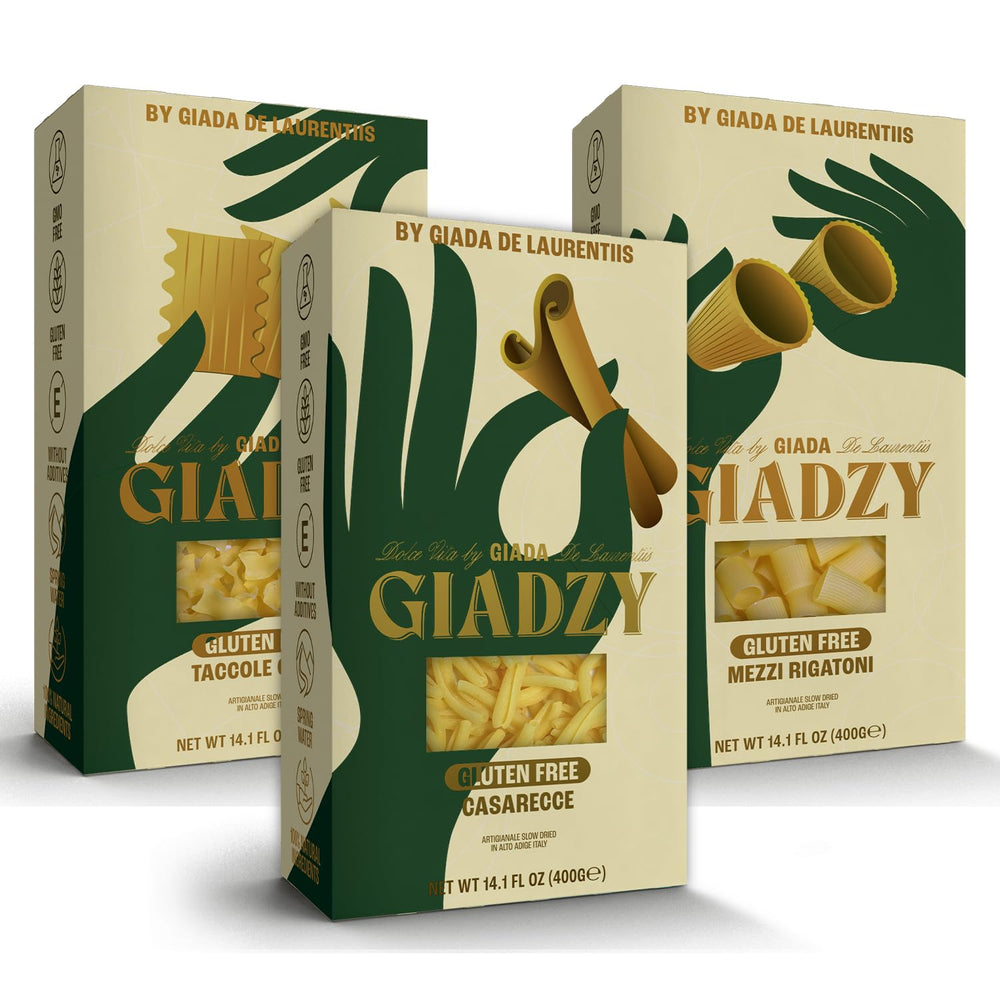 Giadzy gluten-free Caserecce pasta in packaging highlights artisanal quality and convenience.