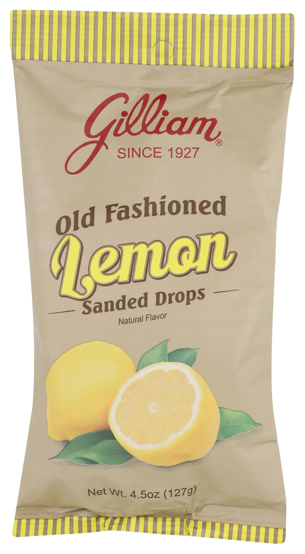Gilliam old-fashioned lemon drops in bag highlight bright lemon flavor and convenient 4.5 oz packaging for sharing.
