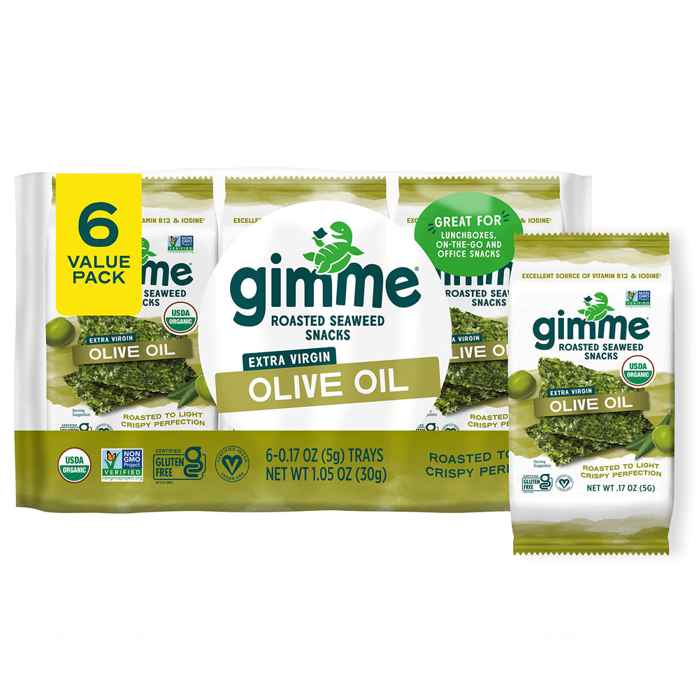 gimMe seaweed front-pack display of crispy organic roasted snacks