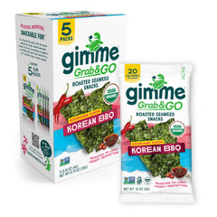 GimMe seaweed Korean BBQ pack close-up showing crispy roasted sheets for on-the-go snacking.