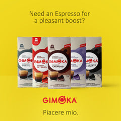Gimoka Intenso blend pod pouring shot for a bold morning coffee