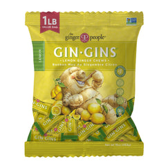 GIN GINS Lemon Ginger Chews bag front with bright lemon zest—great on-the-go refreshment.