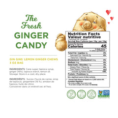 The Ginger People GIN GINS lemon-ginger chews close-up, bright zest and ginger texture.