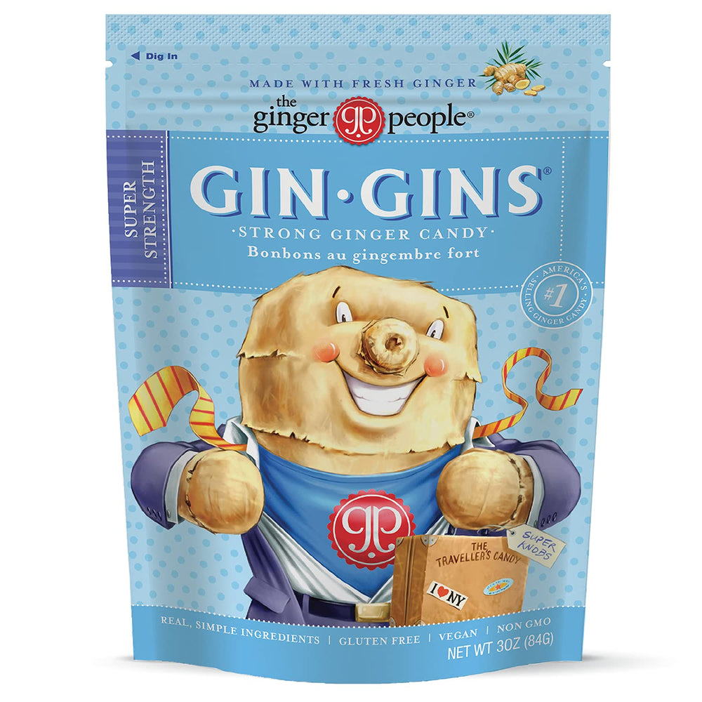 Gin Gins Super Strength ginger chews in a 3oz bag for on-the-go zing.