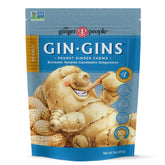 The Ginger People Gin Gins Peanut Chews pack shown, portable snack with bold ginger flavor.