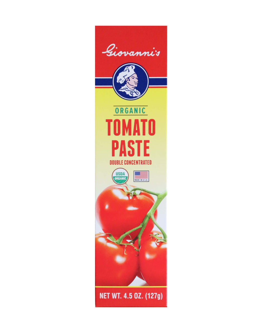 Giovanni's Organics USA tomato paste tube closeup showing bold flavor boost for sauces