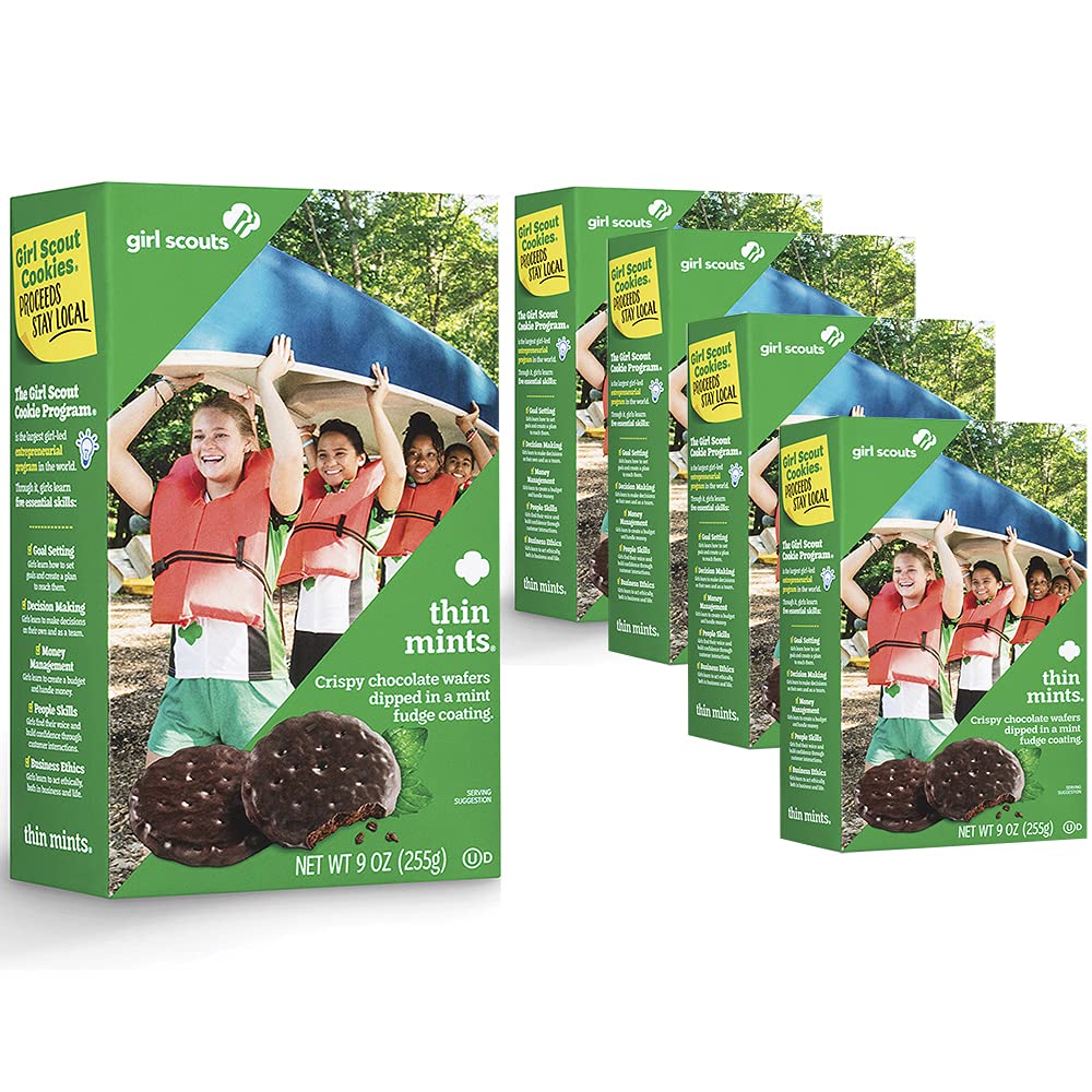 Girl Scout Thin Mints packaging close-up highlighting premium mint chocolate flavor for snacking.