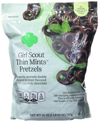 Girl Scout Thin Mints Pretzels close-up showing mint chocolate coating for snacking.