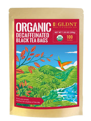 GLDNT Organic Decaf Black Tea Bags packshot showing eco-friendly packaging.