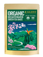 GLDNT Organic Decaf Green Tea Bags packaging highlights eco-friendly fiber bags
