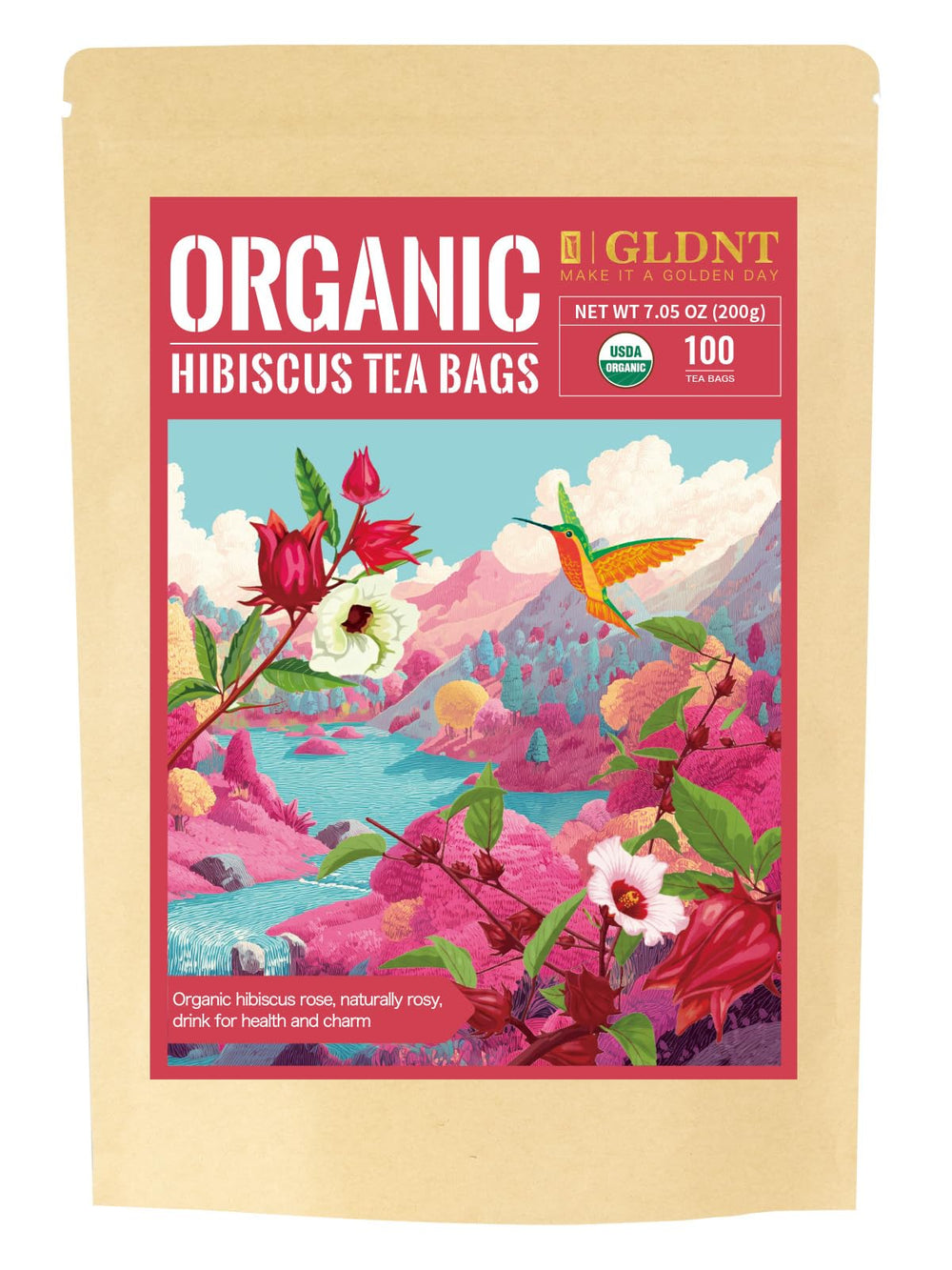 GLDNT Organic Hibiscus Tea Bags brew a rosy-red cup with refreshing tartness.