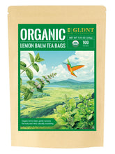 GLDNT Organic Lemon Balm Tea Bags packaging shown as eco-friendly and convenient for daily brewing