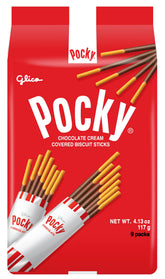 Glico Pocky chocolate cream-coated biscuit stick close-up showing crisp texture.