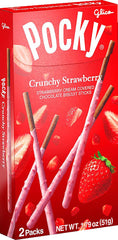 GLICO Pocky Crunchy Strawberry coated biscuit sticks in a 1.79 oz pack for on-the-go snacking.