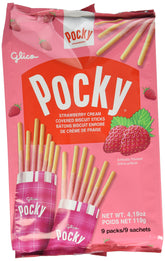 Glico Strawberry Family Pocky stick front view showing crispy biscuit with strawberry cream