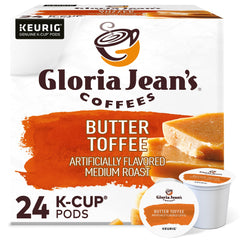Gloria Jean's Butter Toffee K-Cup pod packaging for easy, mess-free mornings.
