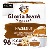 Gloria Jean's Hazelnut K-Cup pods on packaging label for quick single-serve mornings.