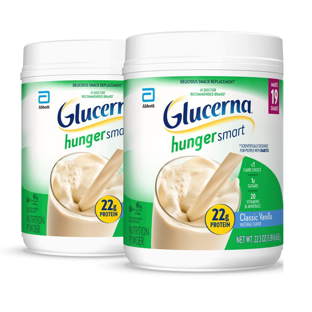 Glucerna Hunger Smart powder tub with vanilla flavor and diabetes-friendly nutrition.
