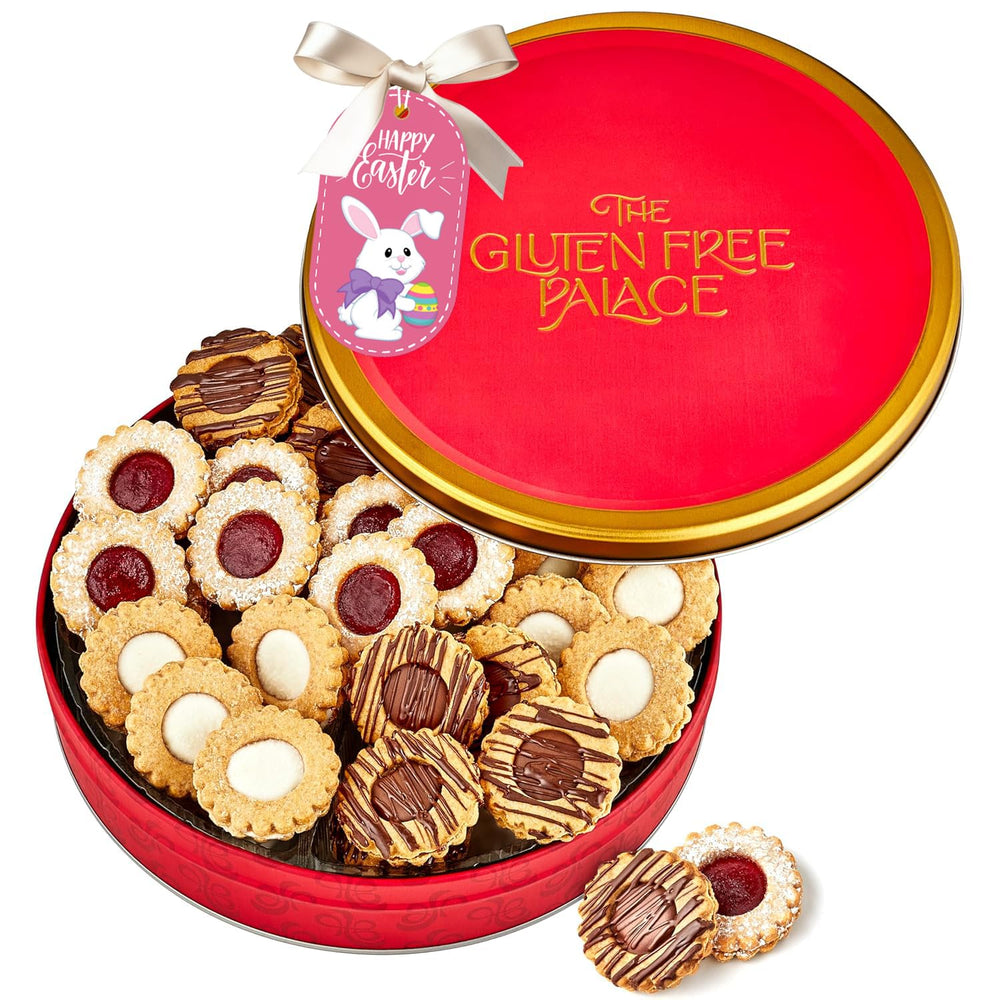 Gluten Free Palace raspberry Linzer tart cookies in a festive tin—great for gifting.