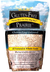 Gluten-Free Prairie Oatmeal packaging displaying a 3 lb bag, certified gluten-free and easy to store