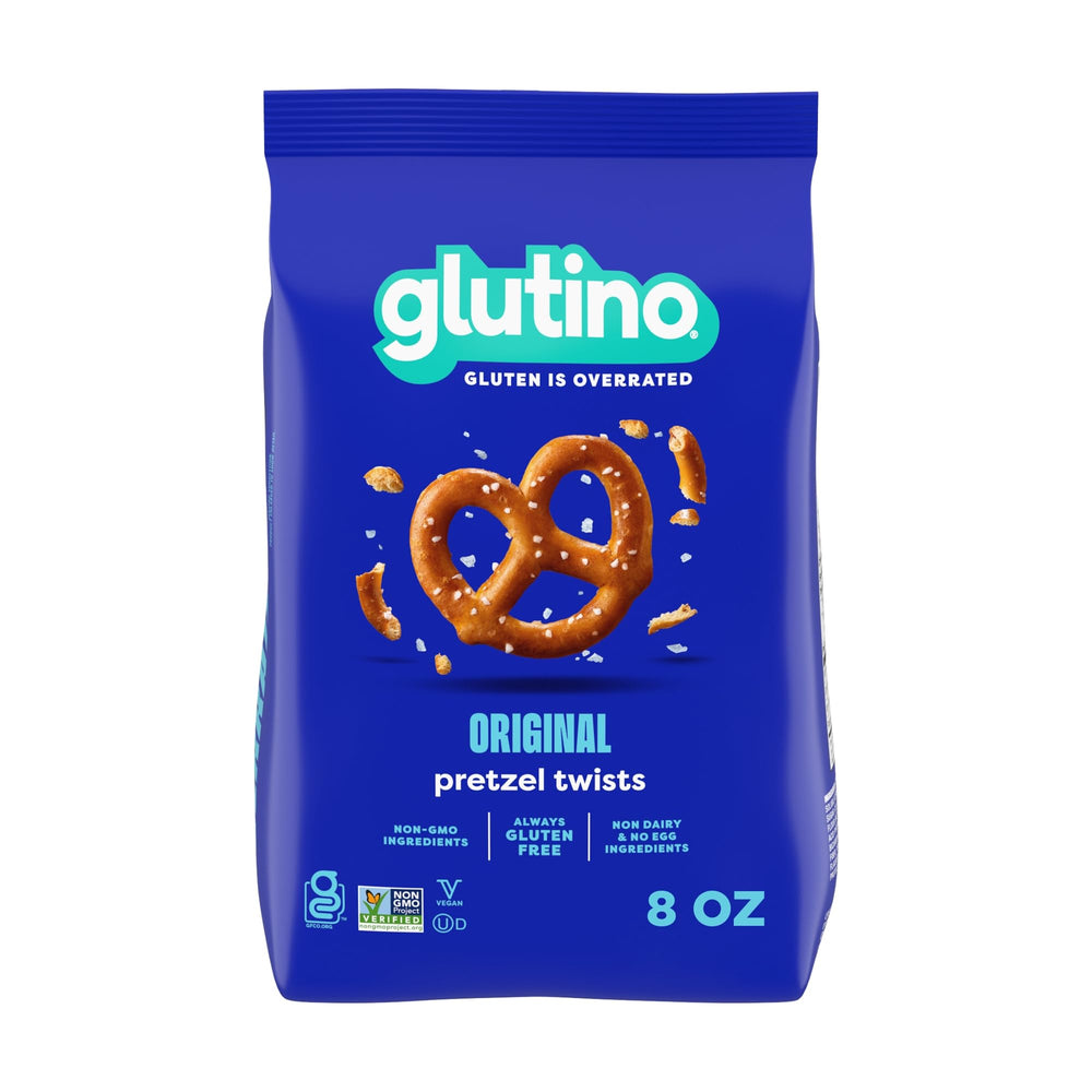 Glutino gluten-free pretzel twists salted 8oz close-up shows crisp texture for a satisfying snack.