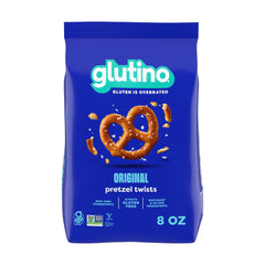 Glutino gluten-free pretzel twists salted 8oz close-up shows crisp texture for a satisfying snack.