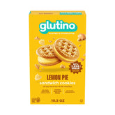 Glutino Lemon Pie Sandwich Cookies box shown for gluten-free snacking on the go.