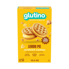 Glutino Lemon Pie Sandwich Cookies box shown for gluten-free snacking on the go.