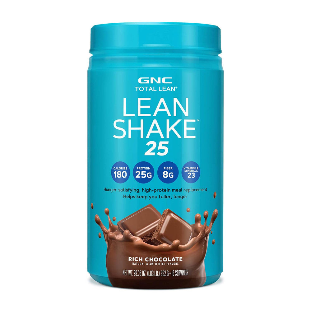 GNC Total Lean Lean Shake 25 Rich Chocolate bottle with scoop for hunger control.