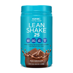 GNC Total Lean Lean Shake 25 Rich Chocolate bottle with scoop for hunger control.