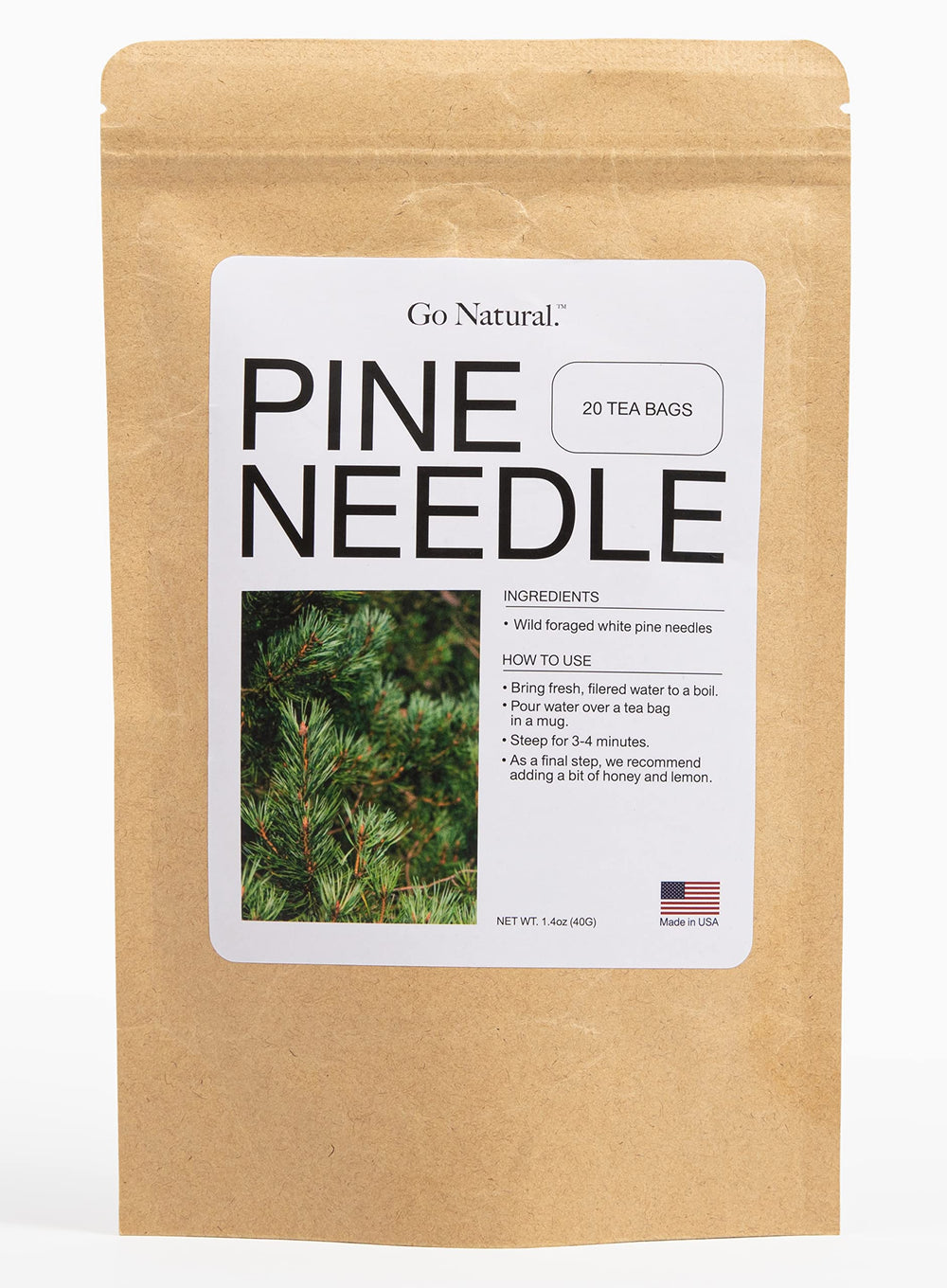 Go Natural pine needle tea packaging featuring wild-foraged needles for immune-conscious use.