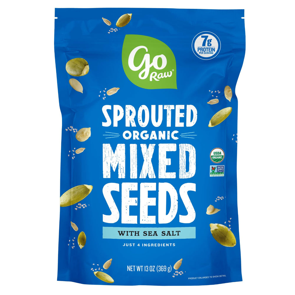 Go Raw Organic Sprouted Mixed Seeds pouch front for protein-rich snacking on the go.
