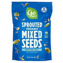 Go Raw Organic Sprouted Mixed Seeds pouch front for protein-rich snacking on the go.