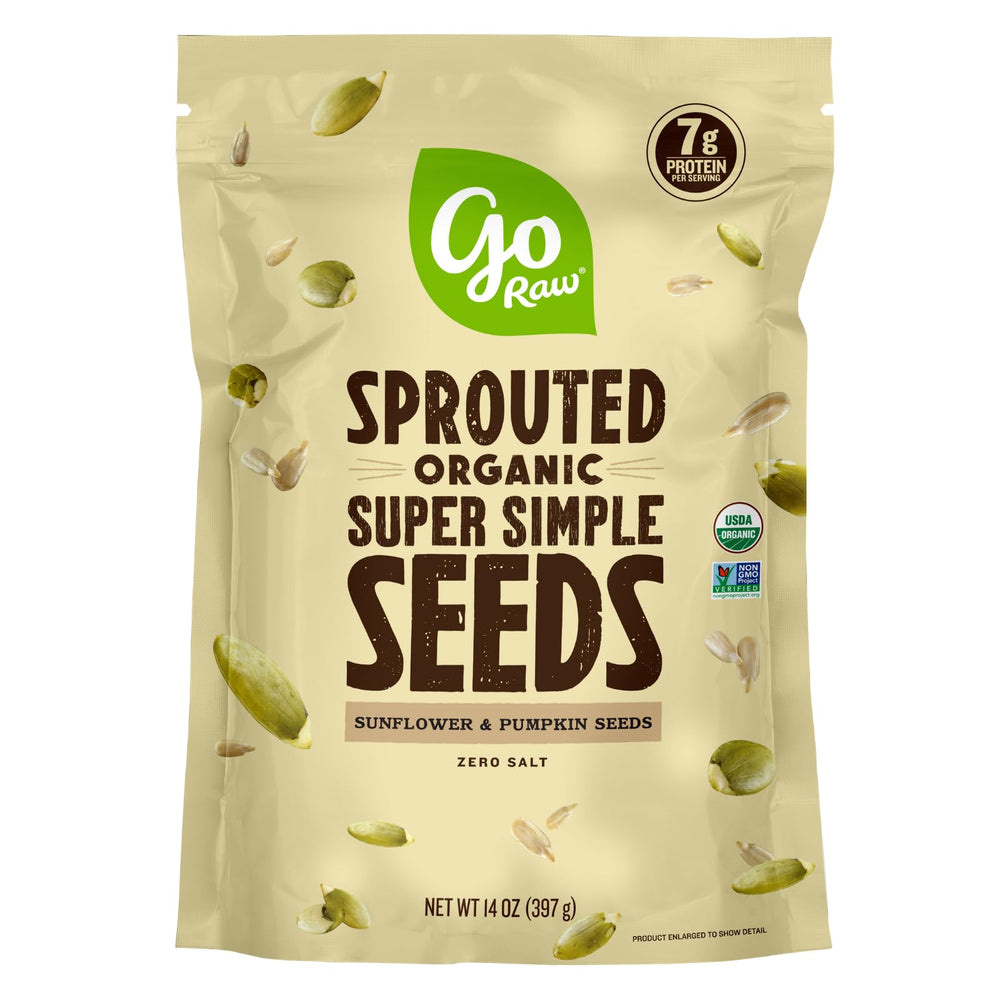Go Raw sprouted pumpkin seed mix bag highlights organic gluten-free crunch ideal for snacking