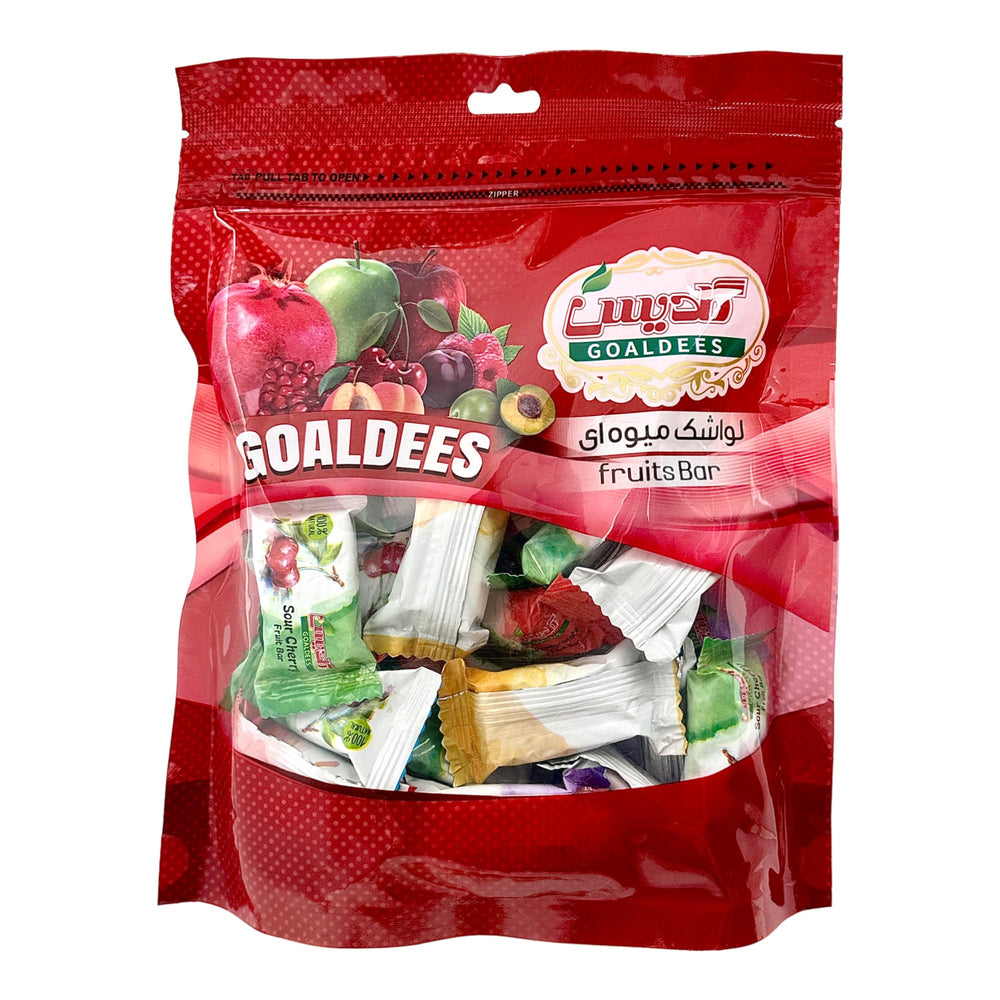 Goaldees Sour Bite-Size Lavashak packaging showing bold fruit flavor for on-the-go snacking