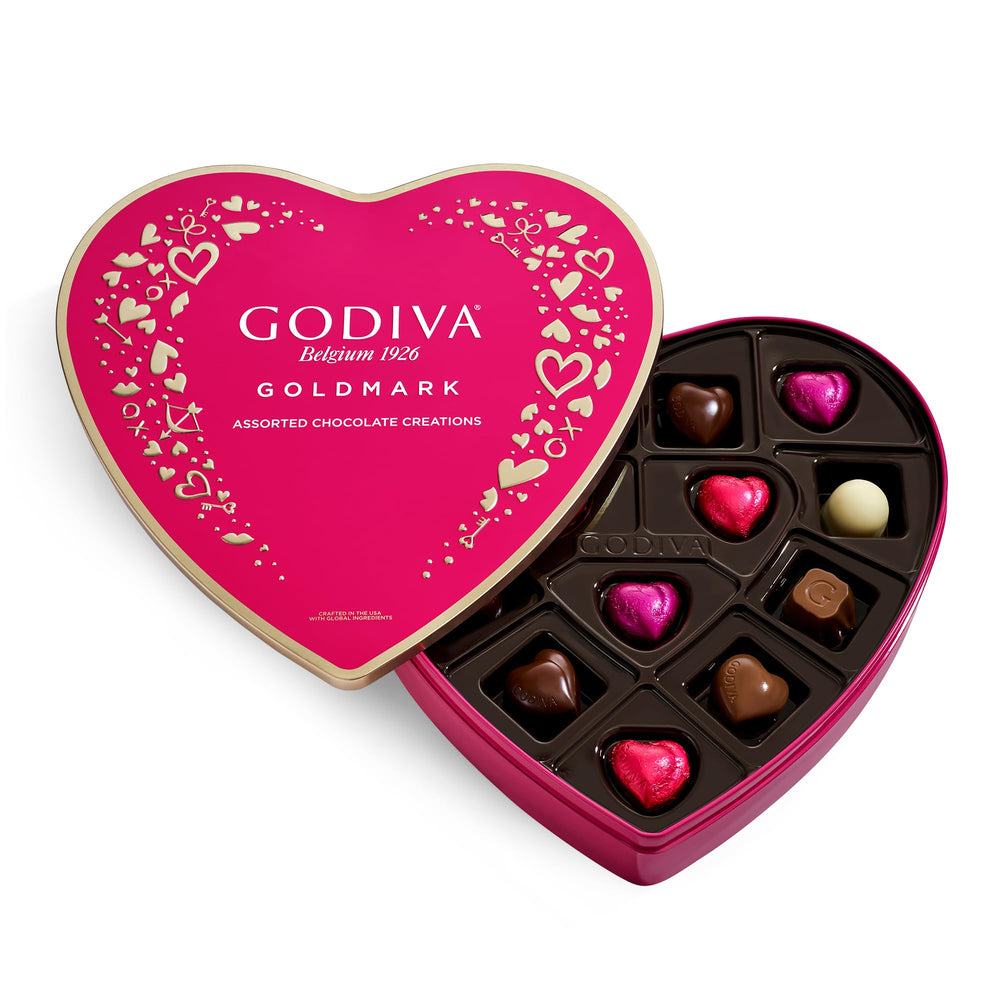 Godiva Goldmark Heart Box front tin displaying elegant Valentine’s gift packaging.