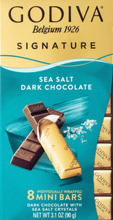 Godiva Signature Sea Salt Dark Chocolate mini bars in a 12-piece carton for gifting
