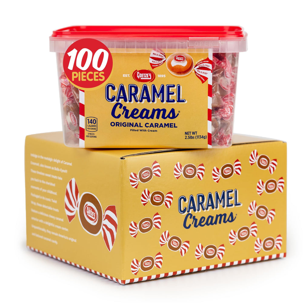 Goetze's caramel creams 100 count tub close-up showing creamy center for snacking
