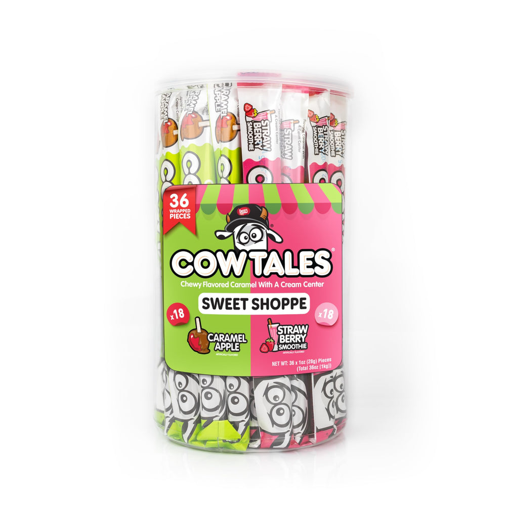 Goetze's Cow Tales Strawberry Smoothie canister, creamy center delivers fruity nostalgia for any snack moment.