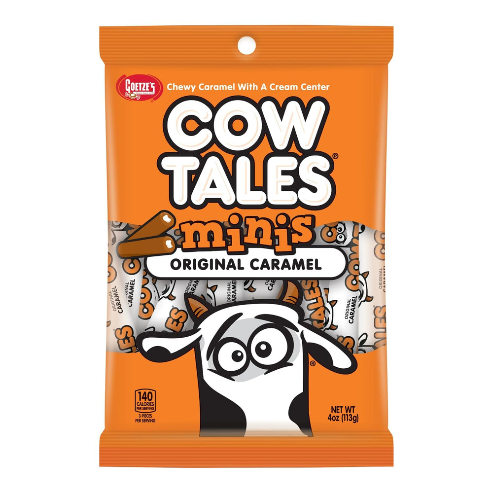 Goetze's Vanilla Cow Tales Minis bag front view, creamy center with real dairy milk