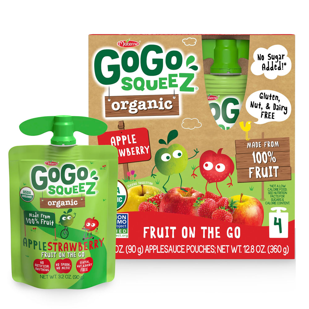 GoGo squeeZ Apple Strawberry organic pouch front for on-the-go snacking